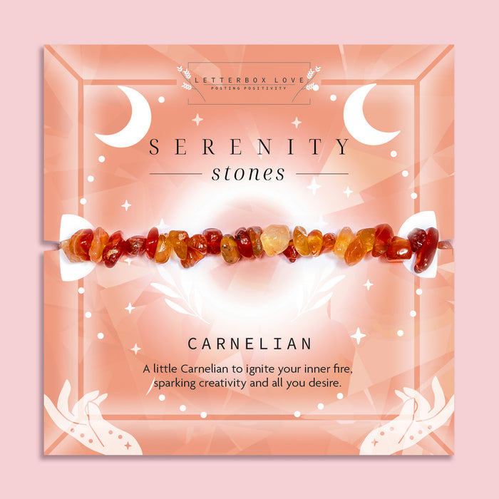 Carnelian crystal chip bracelet on a warm orange Serenity Stones card by Letterbox Love. Made with vibrant red and orange Carnelian stones, this energy bracelet promotes creativity, passion, and confidence. A meaningful spiritual gift for her and a beautiful piece of mindfulness jewellery.