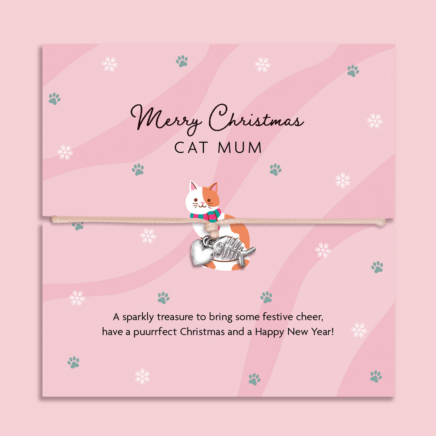 Merry Christmas Cat Mum bracelet featuring a silver plated cat and heart charm on an adjustable cord, presented on a festive pink card with paw prints, snowflakes, and a cat illustration. Wrapped in soft tissue paper for gifting. Perfect Christmas jewellery gift for cat mums, stocking filler for pet lovers, or Secret Santa present. A thoughtful festive bracelet and keepsake celebrating the love between cats and their owners.