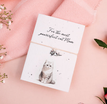 Letterbox Love Cat Mum bracelet with a silver cat charm, set on a card with a cute cat illustration and a 'puuurrrfect cat Mum' message. Thoughtful gift for cat lovers, featuring eco-friendly seed paper design.