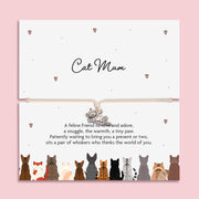 Silver cat charm adjustable cord bracelet on a “Cat Mum” message card featuring illustrated cats and a heartfelt poem, gift for cat lovers.