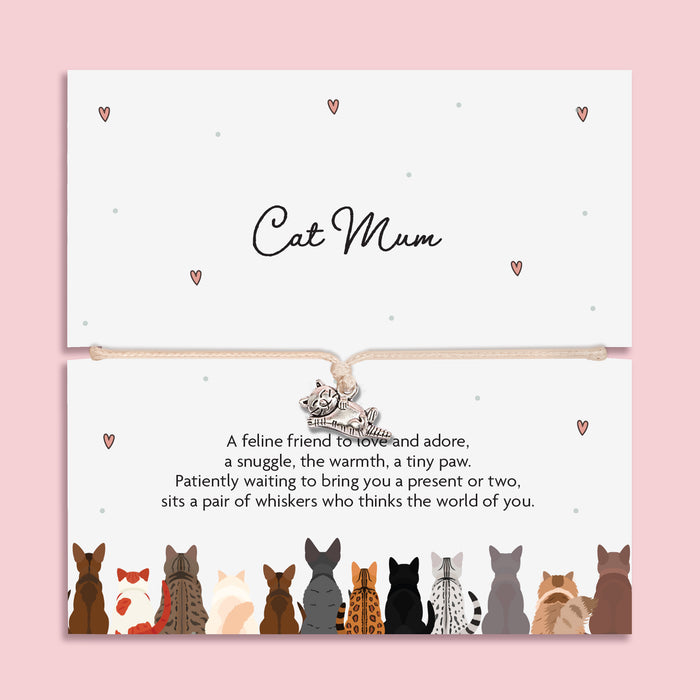 Silver cat charm adjustable cord bracelet on a “Cat Mum” message card featuring illustrated cats and a heartfelt poem, gift for cat lovers.