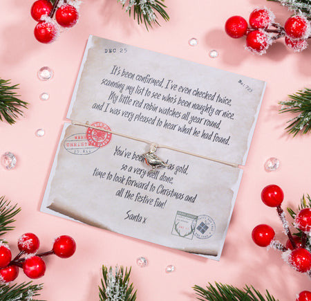Vintage-inspired Christmas letter from Santa, dated 'DEC 25', on a pastel pink backdrop. The letter, adorned with festive stamps and endearing messages, has a delicate robin charm attached. 