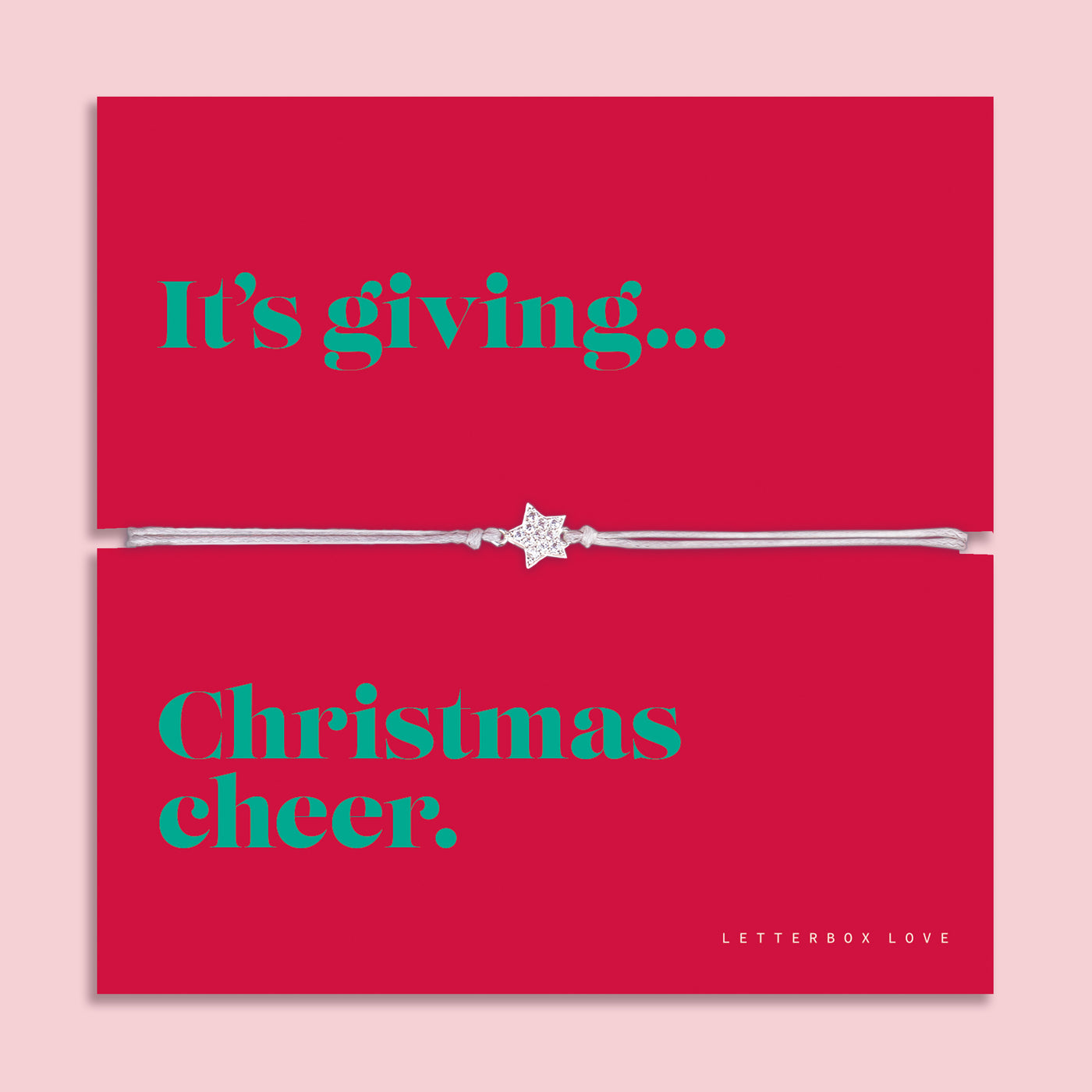 Christmas Cheer star bracelet featuring a sparkling cubic zirconia star charm on an adjustable bracelet, presented on a bold red Christmas card with the message “It’s giving… Christmas cheer.” Arrives gift wrapped, ready for Christmas gifting. A fun and thoughtful festive jewellery gift, perfect as a stocking filler.