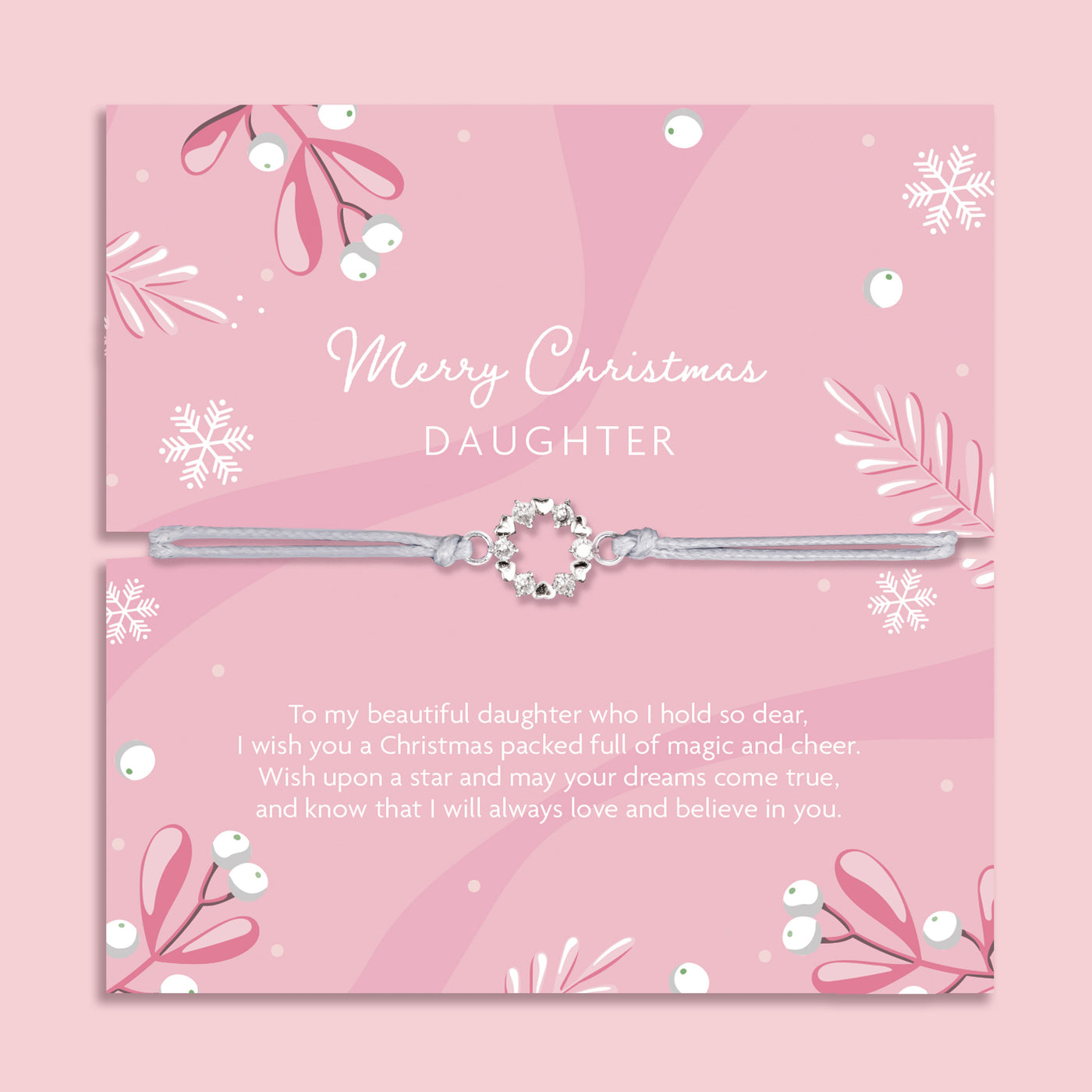 Silver daughter bracelet on a pink card with Christmas-themed decorations and meaningful text. Cubic zirconia bracelet for a daughter under £20