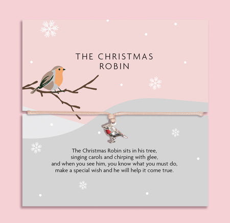 Christmas Robin bracelet featuring a silver robin charm with red enamel on an adjustable cord, presented on a festive card with a robin illustration and snowy design. Includes a soft pouch for gifting and safekeeping. Perfect Christmas jewellery gift, robin remembrance keepsake, or holiday stocking filler. A thoughtful festive present for friends, family, or loved ones, symbolising love, hope, and joy during the Christmas season.