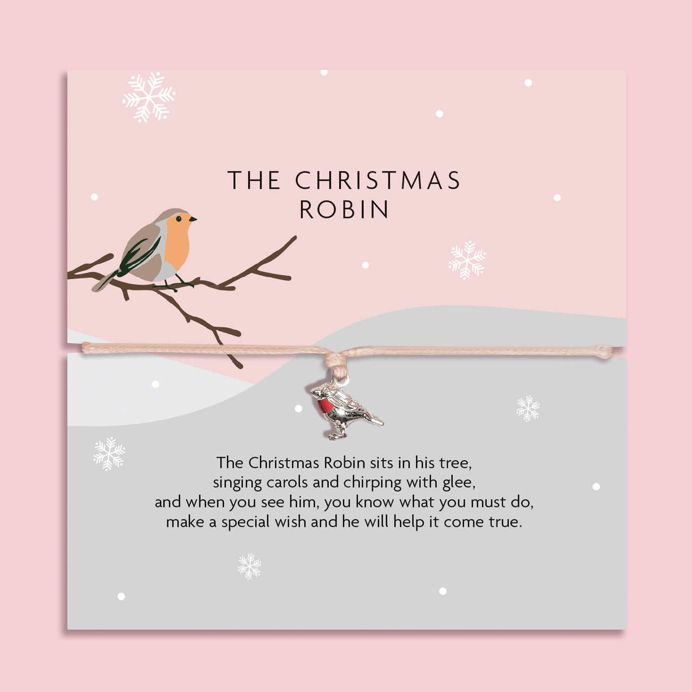 Christmas Robin bracelet featuring a silver robin charm with red enamel on an adjustable cord, presented on a festive card with a robin illustration and snowy design. Includes a soft pouch for gifting and safekeeping. Perfect Christmas jewellery gift, robin remembrance keepsake, or holiday stocking filler. A thoughtful festive present for friends, family, or loved ones, symbolising love, hope, and joy during the Christmas season.