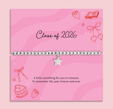Silver plated beaded elasticated bracelet with cubic zirconia star charm displayed on a pink “Class of 2026” graduation message card, graduation keepsake jewellery gift.