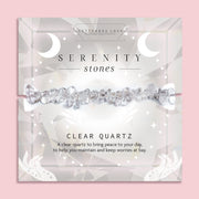 Clear Quartz crystal chip bracelet on a light grey Serenity Stones card by Letterbox Love. Features translucent clear quartz stones known for calming energy and mental clarity. A peaceful and protective spiritual bracelet gift for her, perfect for mindfulness and stress relief.