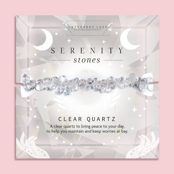 Clear Quartz crystal chip bracelet on a light grey Serenity Stones card by Letterbox Love. Features translucent clear quartz stones known for calming energy and mental clarity. A peaceful and protective spiritual bracelet gift for her, perfect for mindfulness and stress relief.