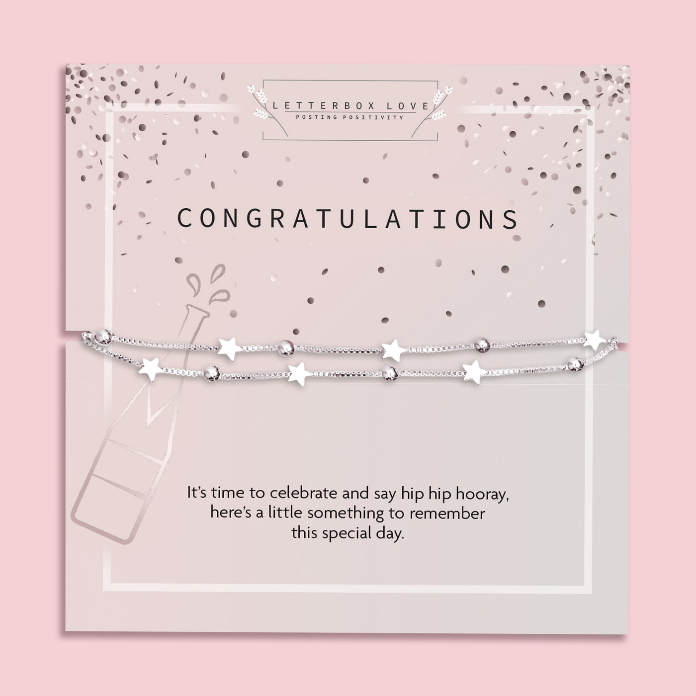 Letterbox Love 'Congratulations' bracelet gift – silver star and bead charm bracelet on a champagne-themed card with celebratory confetti design and message. A perfect letterbox jewellery gift for graduation, new job, engagement or any special milestone worth celebrating. Thoughtful and affordable gift for her.