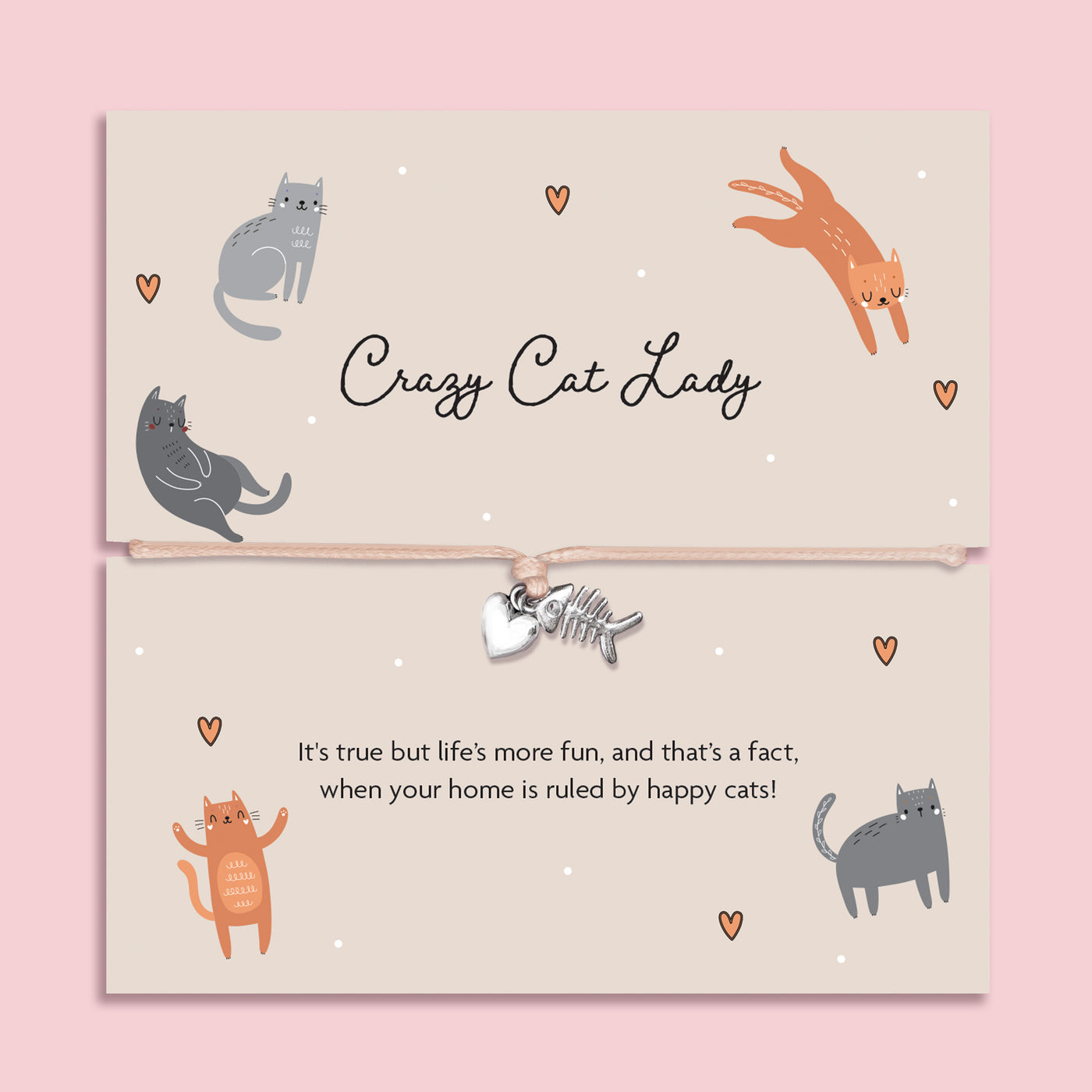 Cute illustrated card with playful cats and the phrase “Crazy Cat Lady,” featuring a beige string bracelet with silver fishbone and heart charms, a fun, light-hearted gift for cat lovers and proud cat mums.