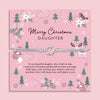 Merry Christmas Daughter bracelet featuring a silver wreath charm on an adjustable cord, presented on a festive pink card with woodland animals, reindeer, fox, birds, and Christmas trees. Perfect Christmas jewellery gift from mum or dad, this sentimental bracelet is ready to gift and makes a meaningful present for daughters of all ages. A thoughtful holiday keepsake, ideal as a Christmas morning surprise, stocking filler, or festive jewellery gift.
