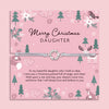 Merry Christmas Daughter bracelet featuring a silver wreath charm on an adjustable cord, presented on a festive pink card with woodland animals, reindeer, fox, birds, and Christmas trees. Perfect Christmas jewellery gift from mum or dad, this sentimental bracelet is ready to gift and makes a meaningful present for daughters of all ages. A thoughtful holiday keepsake, ideal as a Christmas morning surprise, stocking filler, or festive jewellery gift.