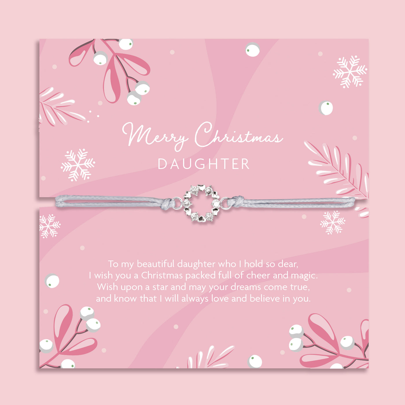 Silver daughter bracelet on a pink card with Christmas-themed decorations and meaningful text. Cubic zirconia bracelet for a daughter under £20