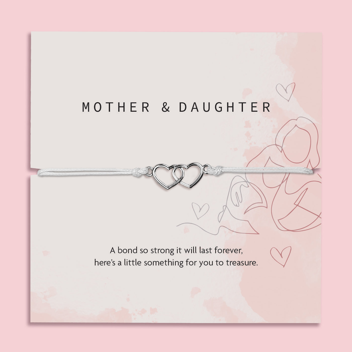 Silver bracelet with interlocking hearts on a 'Letterbox Love' card with text on a pink background. A meaningful gift under £10 for a mother and daughter