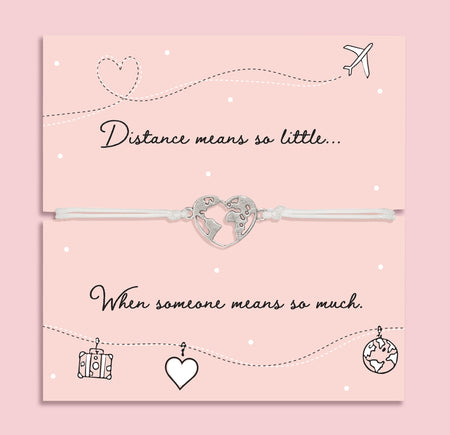 Long distance friendship bracelet with world heart charm on card reading “Distance means so little when someone means so much”, adjustable cord bracelet gift for loved ones far away
