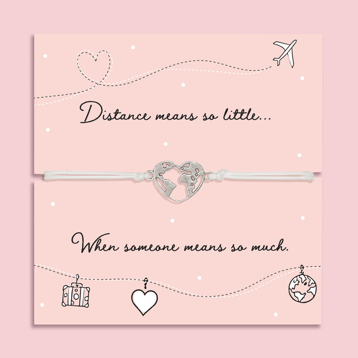Long distance friendship bracelet with world heart charm on card reading “Distance means so little when someone means so much”, adjustable cord bracelet gift for loved ones far away