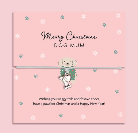 Christmas poem card with a cute dog illustration and friendship bracelet with bone and heart charm. A cute gift for a dog lover this Xmas.