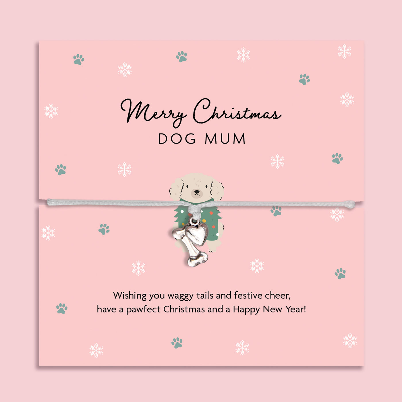 Christmas poem card with a cute dog illustration and friendship bracelet with bone and heart charm. A cute gift for a dog lover this Xmas.