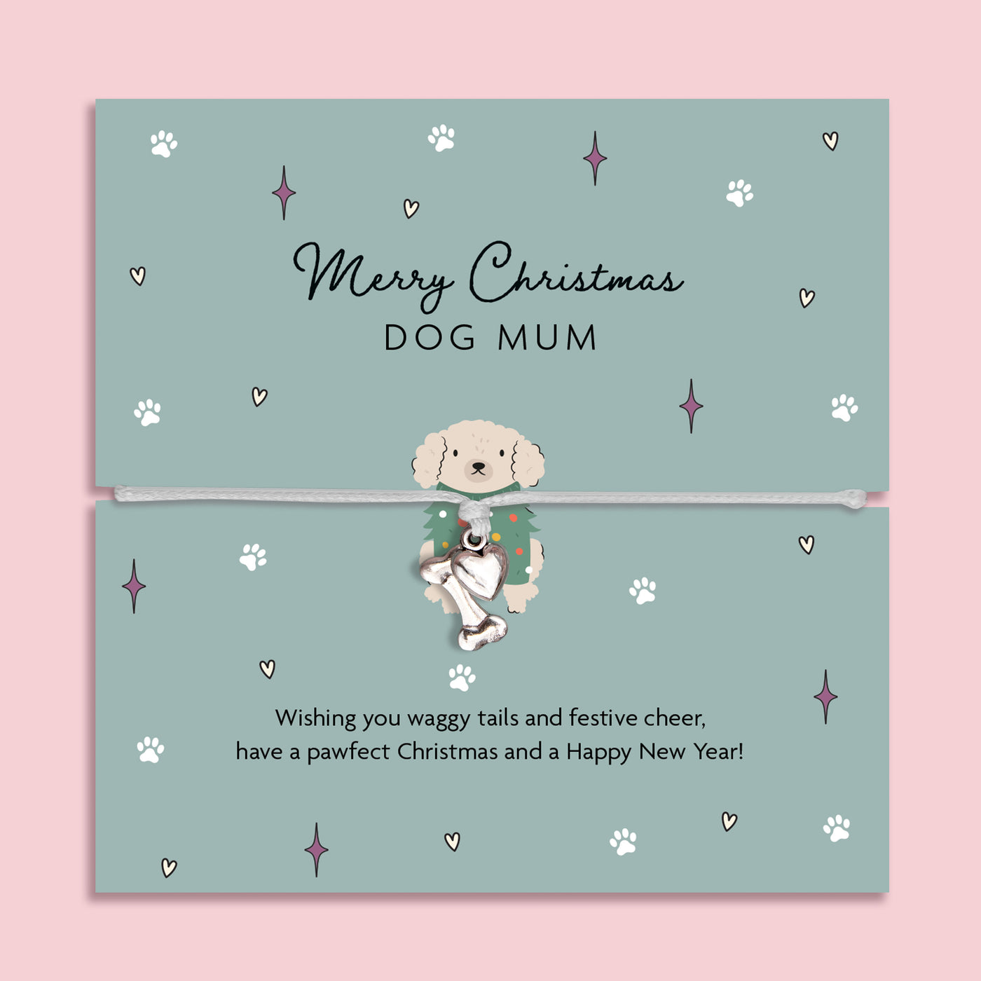 Merry Christmas Dog Mum bracelet featuring a silver plated bone and heart charm on an adjustable cord, presented on a festive card with paw prints, stars, and a cute dog illustration. Perfect Christmas jewellery gift for dog mums, stocking filler for pet lovers, or Secret Santa present. A thoughtful festive bracelet for celebrating the bond between pets and their owner.