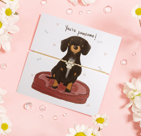 A delicate bracelet with a silver paw print charm displayed on a card featuring an illustrated dachshund sitting on a red dog bed. The card reads 