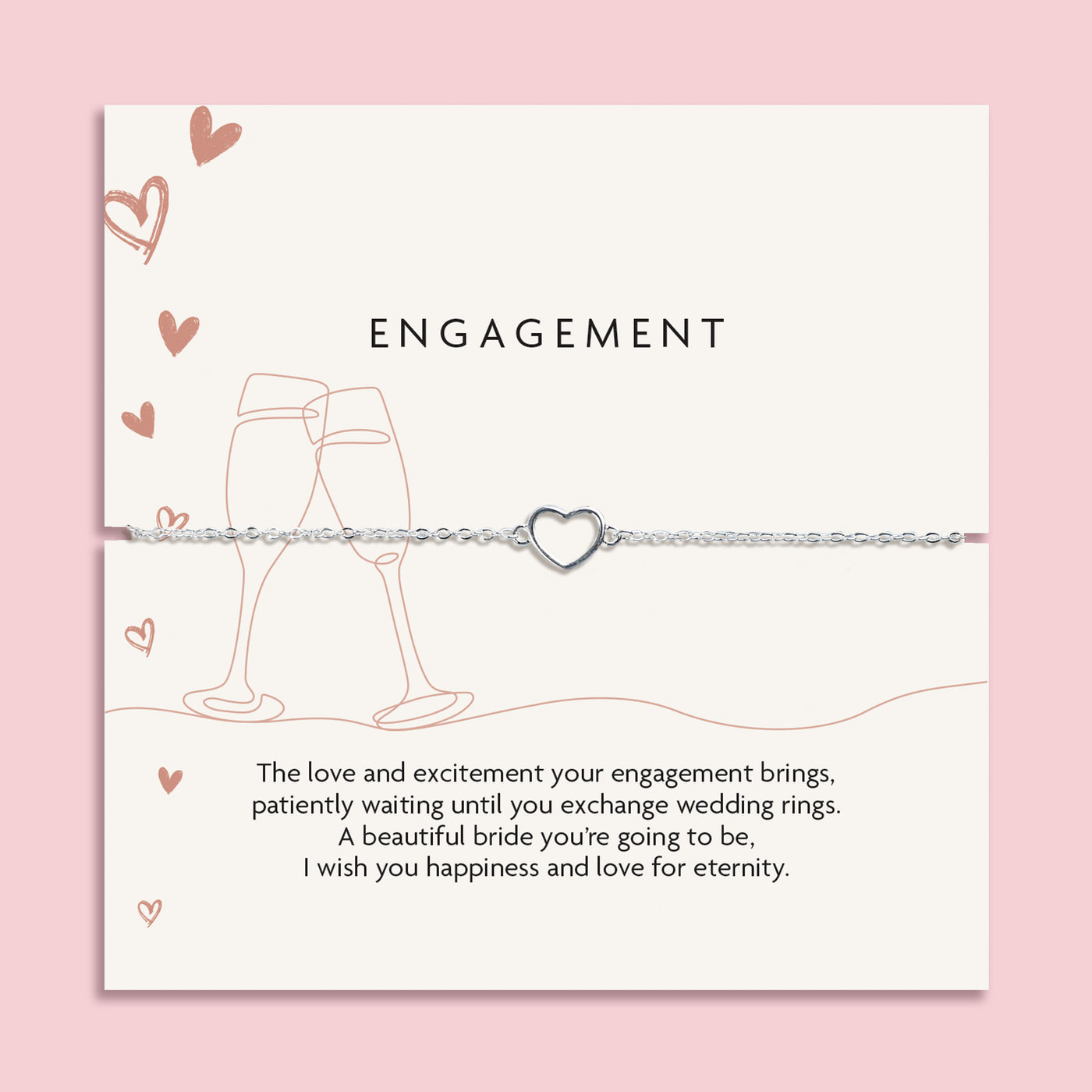 Letterbox Love poem card with brown celebration illustrations and a meaningful poem. Around the card is a silver-plated hollow heart bracelet, an elegant gift for an engagement