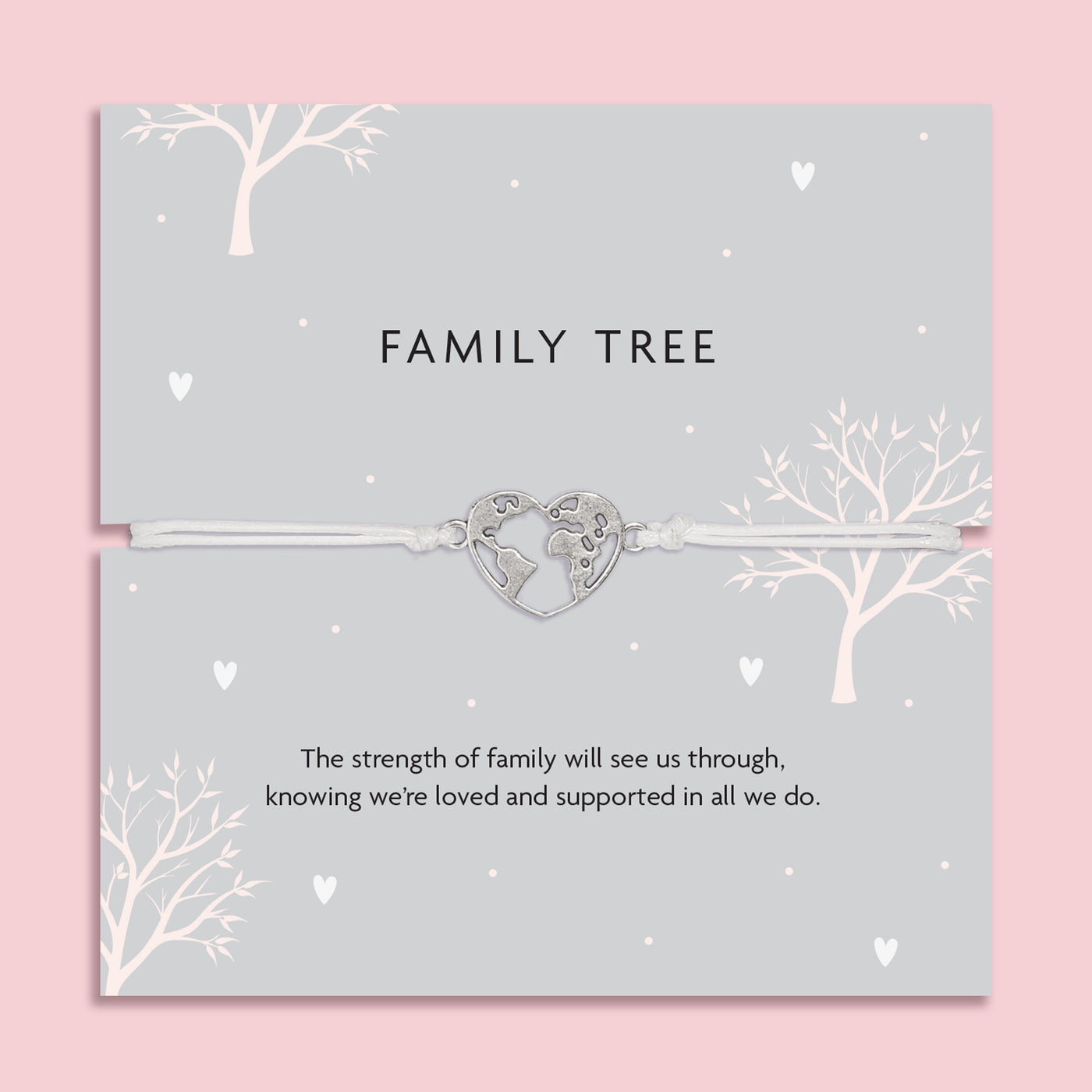 Silver bracelet with heart design on a 'Family Tree' card with text on a pink background