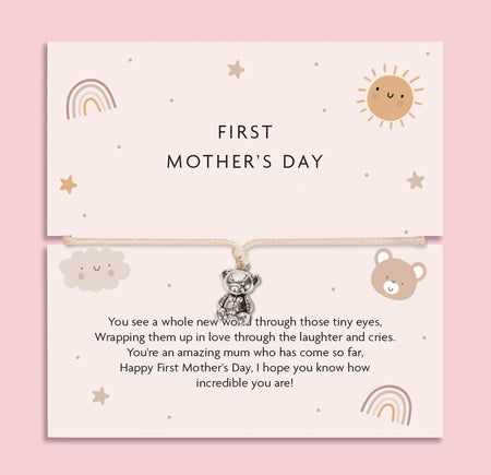 First Mother’s Day bracelet displayed on pastel keepsake card with teddy bear charm on adjustable cream cord, featuring a heartfelt poem celebrating a new mum’s first Mother’s Day, surrounded by soft baby-themed illustrations