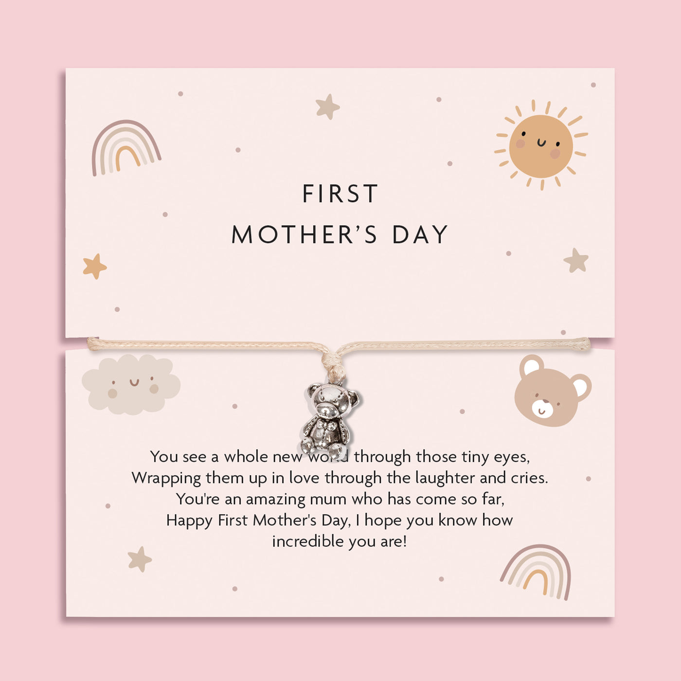 First Mother’s Day bracelet displayed on pastel keepsake card with teddy bear charm on adjustable cream cord, featuring a heartfelt poem celebrating a new mum’s first Mother’s Day, surrounded by soft baby-themed illustrations