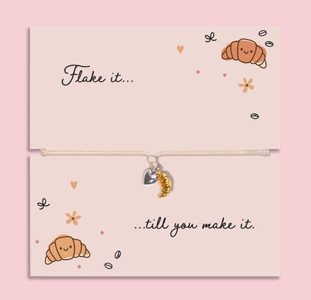 Funny croissant charm friendship bracelet with silver heart on adjustable cord, Flake it till you make it gift bracelet for best friend