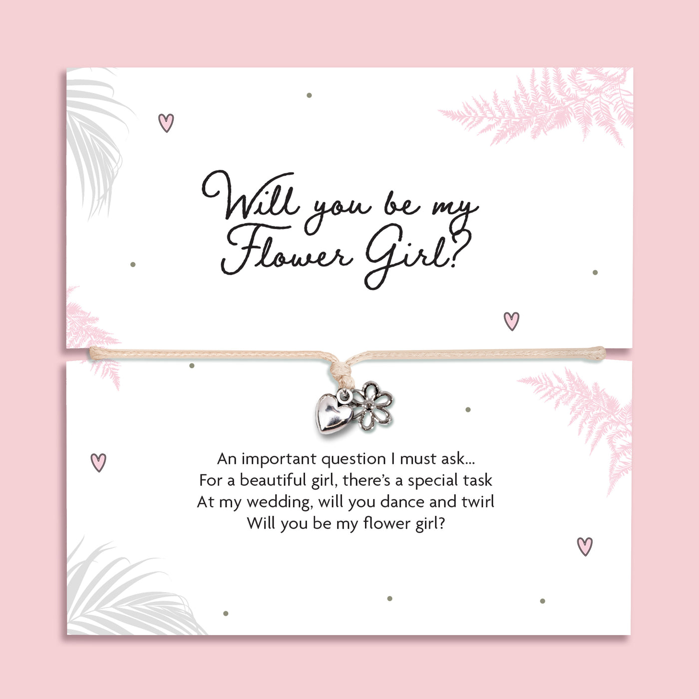 Card with 'Will you be my Flower Girl?' question and heart and flower bracelet on a pink background