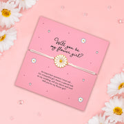 Will you be my flower girl? bracelet featuring a daisy charm on an adjustable white cord, with a heartfelt proposal message on a pink card. Ideal for flower girl proposal gifts, wedding accessories, and bridal party gifts