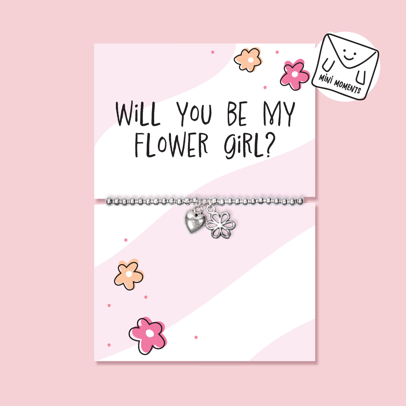 Children’s silver-plated flower girl proposal bracelet with heart and flower charms displayed on a pink “Will You Be My Flower Girl?” card.