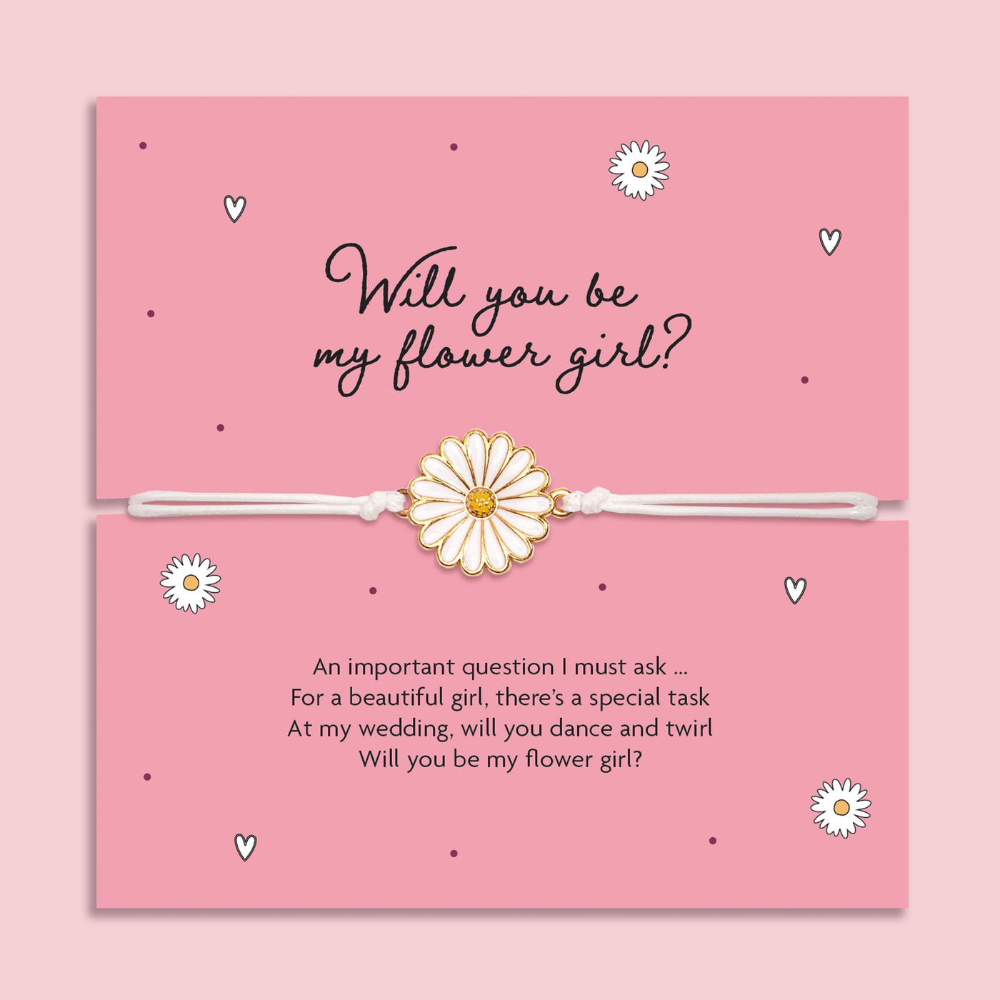 Card with a daisy bracelet and text asking if you will be the flower girl on a pink background. An affordable gift to ask someone to be your flower girl