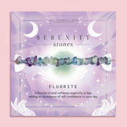 Fluorite crystal chip bracelet on a soft purple Serenity Stones card by Letterbox Love. Handmade healing crystal bracelet for negativity protection and self-confidence. Features natural fluorite gemstones in shades of green, blue, and purple. A thoughtful spiritual gift for her, perfect for mindfulness and wellbeing.