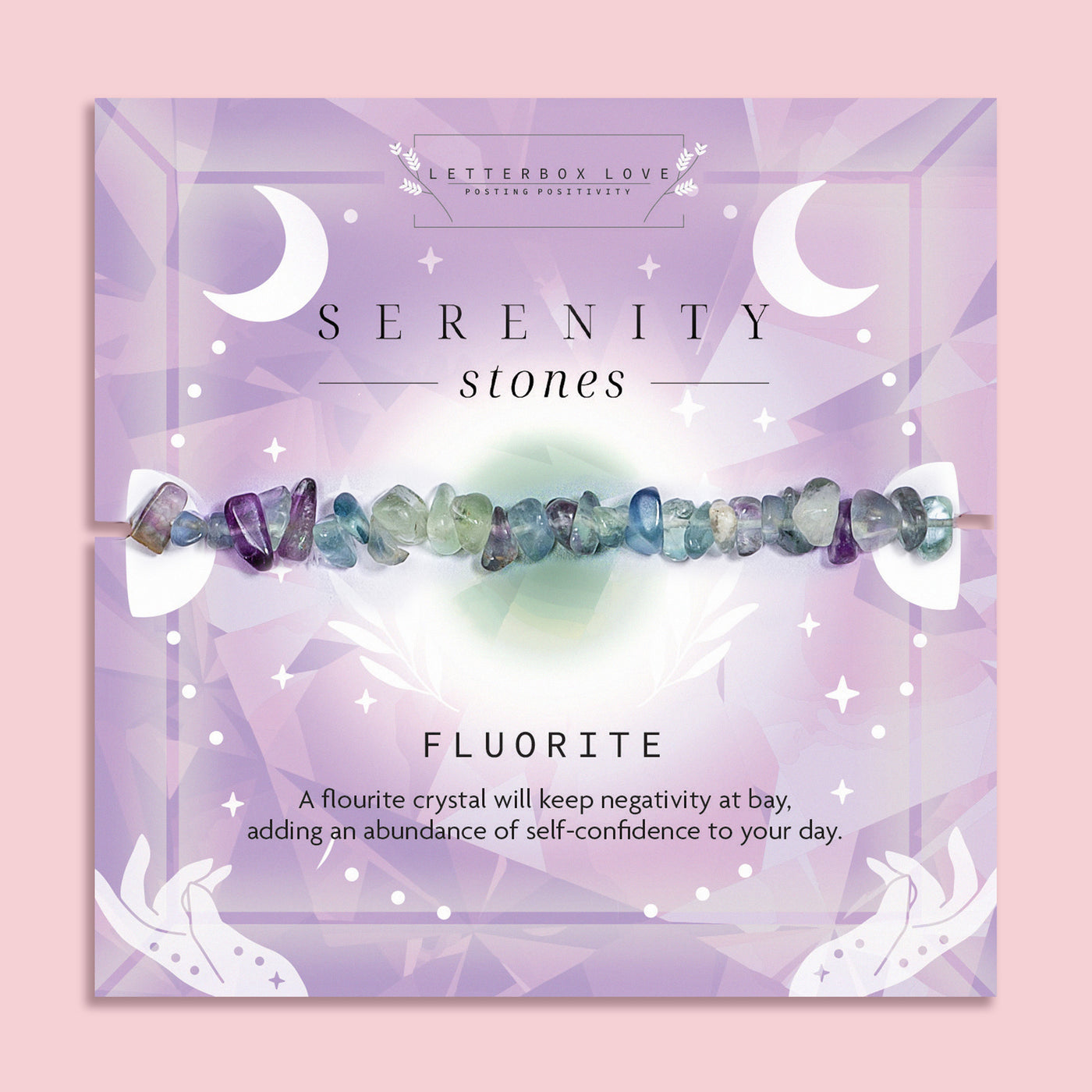 Fluorite crystal chip bracelet on a soft purple Serenity Stones card by Letterbox Love. Handmade healing crystal bracelet for negativity protection and self-confidence. Features natural fluorite gemstones in shades of green, blue, and purple. A thoughtful spiritual gift for her, perfect for mindfulness and wellbeing.
