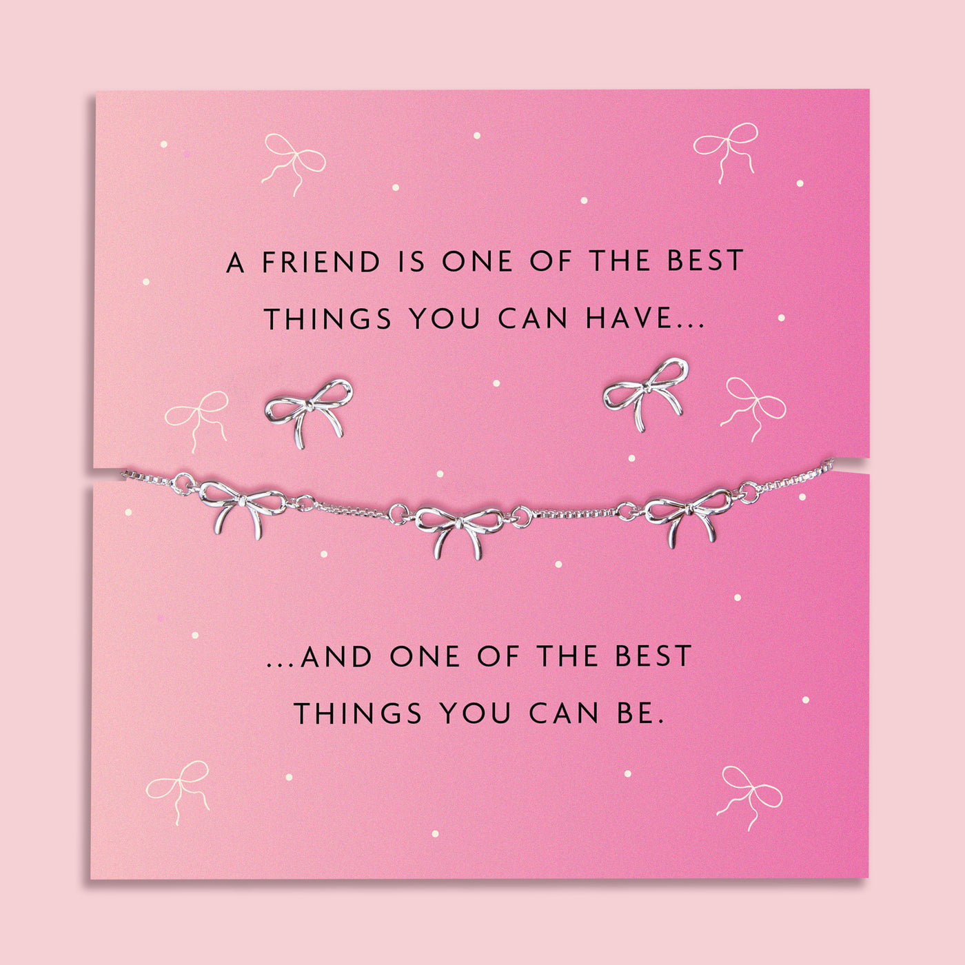 Silver-plated brass bow bracelet and earrings set, featuring delicate bow charms, presented on a pink card with a heartfelt sentiment about friendship.