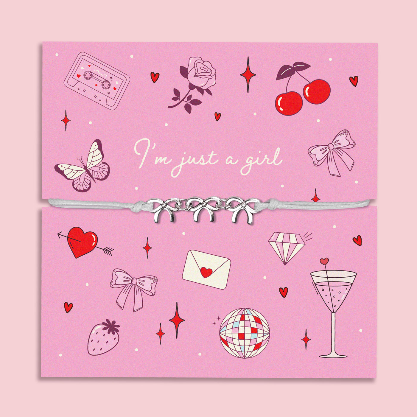 Letterbox Love 'I’m Just a Girl' bracelet – fun and playful bow charm bracelet on a lilac-pink card with 90s-style illustrations including a cassette, cocktail, disco ball, and hearts. Perfect cute gift for teens, Gen Z girls, or best friends, ideal for birthdays, Galentine’s Day, or just because