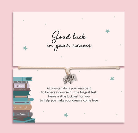 Good luck exam bracelet with open book charm on adjustable cord, displayed on a motivational exam gift card with poem, student encouragement gift