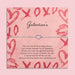 Silver heart chain bracelet on a Galentine’s Day message card with pink kiss print design and friendship poem, celebrating best friends and female friendship.