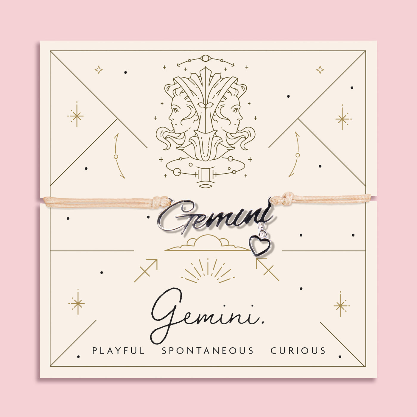 Adjustable peach cord bracelet with a silver 'Gemini' charm and heart pendant, displayed on a zodiac-themed card with a twin illustration and the traits 