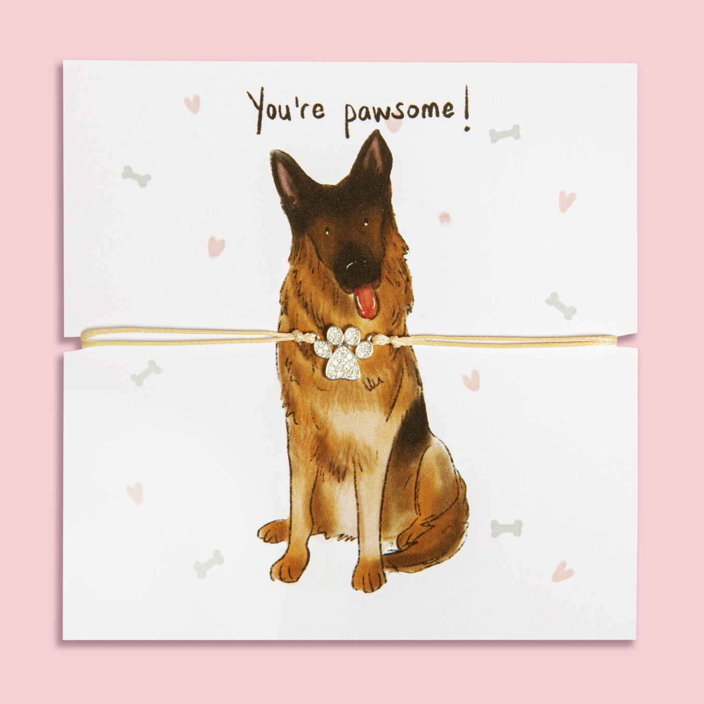 Paw print bracelet gift on illustrated card featuring a cute German Shepherd and 'You're pawsome!' message – perfect jewellery gift for dog mums and German Shepherd lovers.