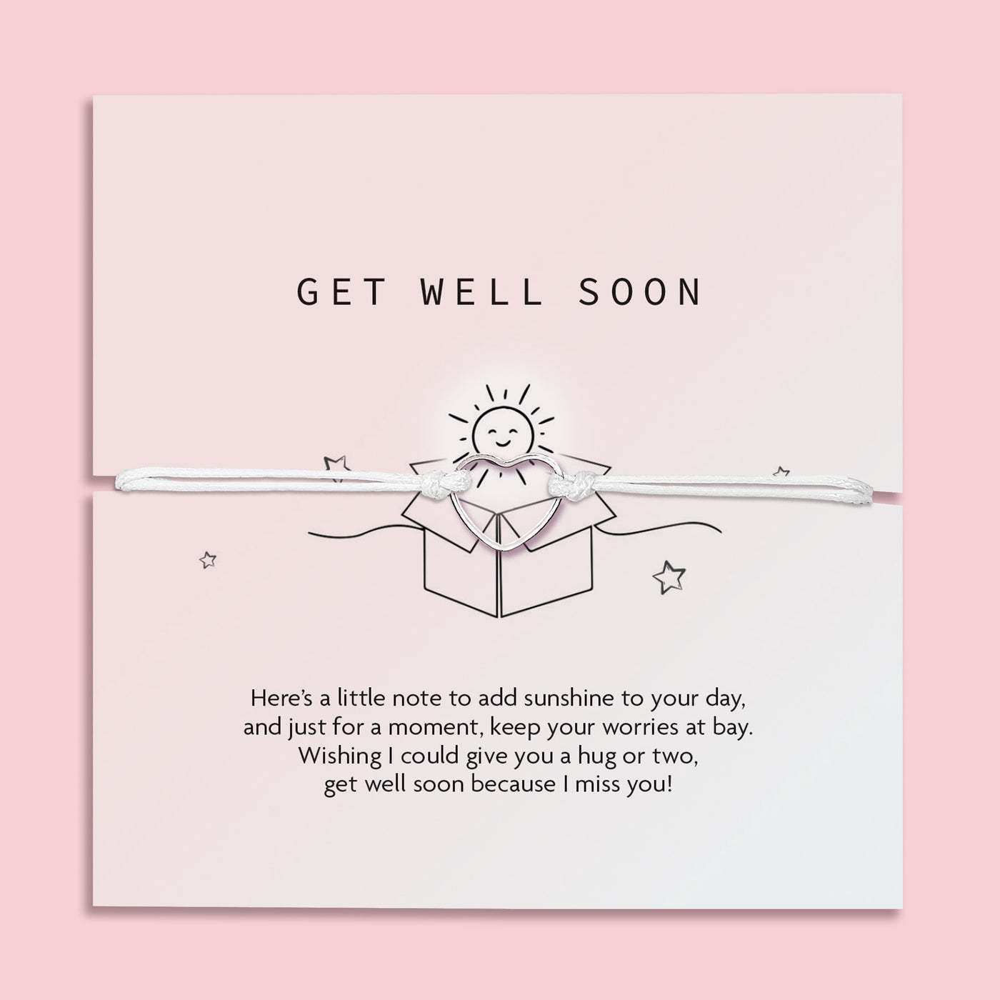 Get well soon poem card with a heart friendship bracelet on a pink background. A cute gift to wish someone well.
