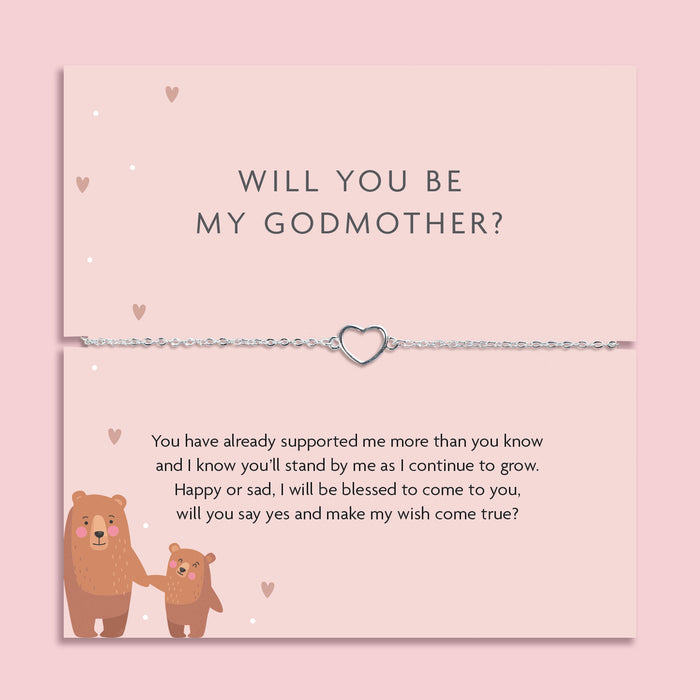 Silver heart charm bracelet displayed on a pink proposal card reading "Will You Be My Godmother?" with a heartfelt poem and illustrated bear characters, ideal for a sentimental godmother proposal gift.