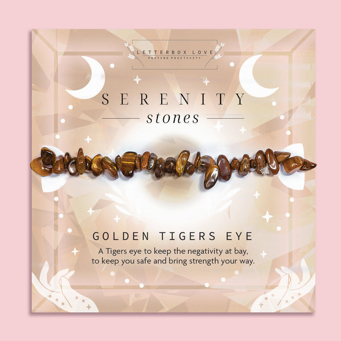 Golden Tiger’s Eye crystal chip bracelet on a soft golden-brown Serenity Stones card by Letterbox Love. Made with polished Tiger’s Eye stones, this bracelet is designed to protect against negativity and boost courage and inner strength. Ideal as a spiritual gift or wellbeing accessory for her.

