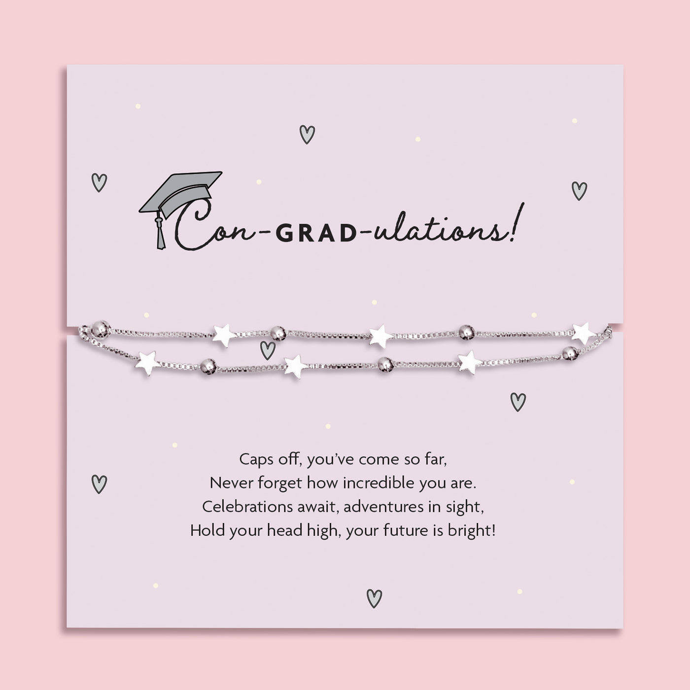 Silver star graduation bracelet on a pale grey card with a mortarboard and poem, titled “Con-GRAD-ulations!” – a perfect gift for her special day.