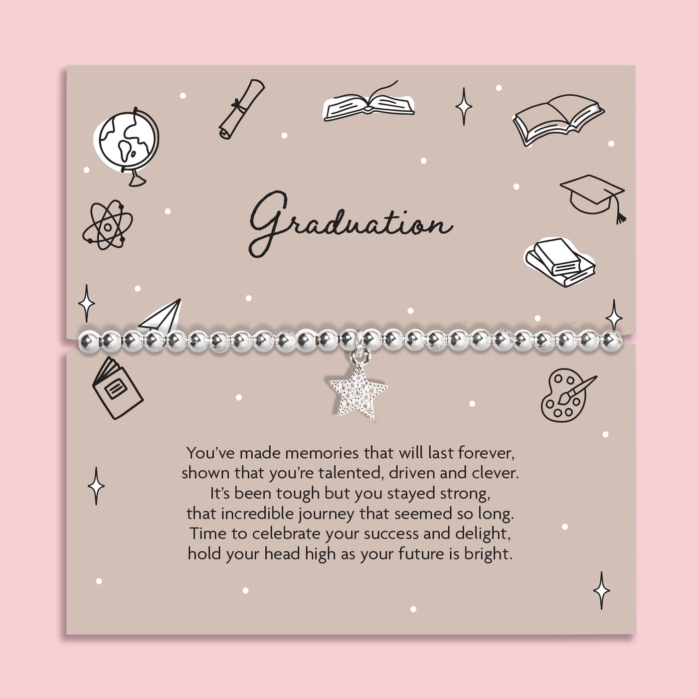 Graduation-themed card with decorative elements and a message on a pink background. The bracelet is a silver-plated star bracelet