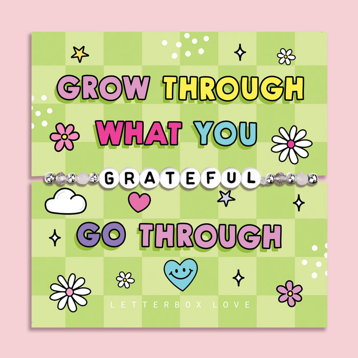 Green chequered poem card with the bold text saying "Grow through what you go through", with a beaded bracelet spelling the word "Grateful". An ideal gift for a best friend.