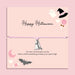 Pink adjustable cord Halloween bracelet with silver plated ghost charm displayed on a pastel pink Happy Halloween sentiment card with spooky ghost, bat, moon and witch hat illustrations.