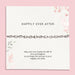 A delicate silver chain bracelet with clear rhinestones displayed on a white card with pink floral accents and the text 'HAPPILY EVER AFTER' and a sentimental message below, set against a solid pink background.